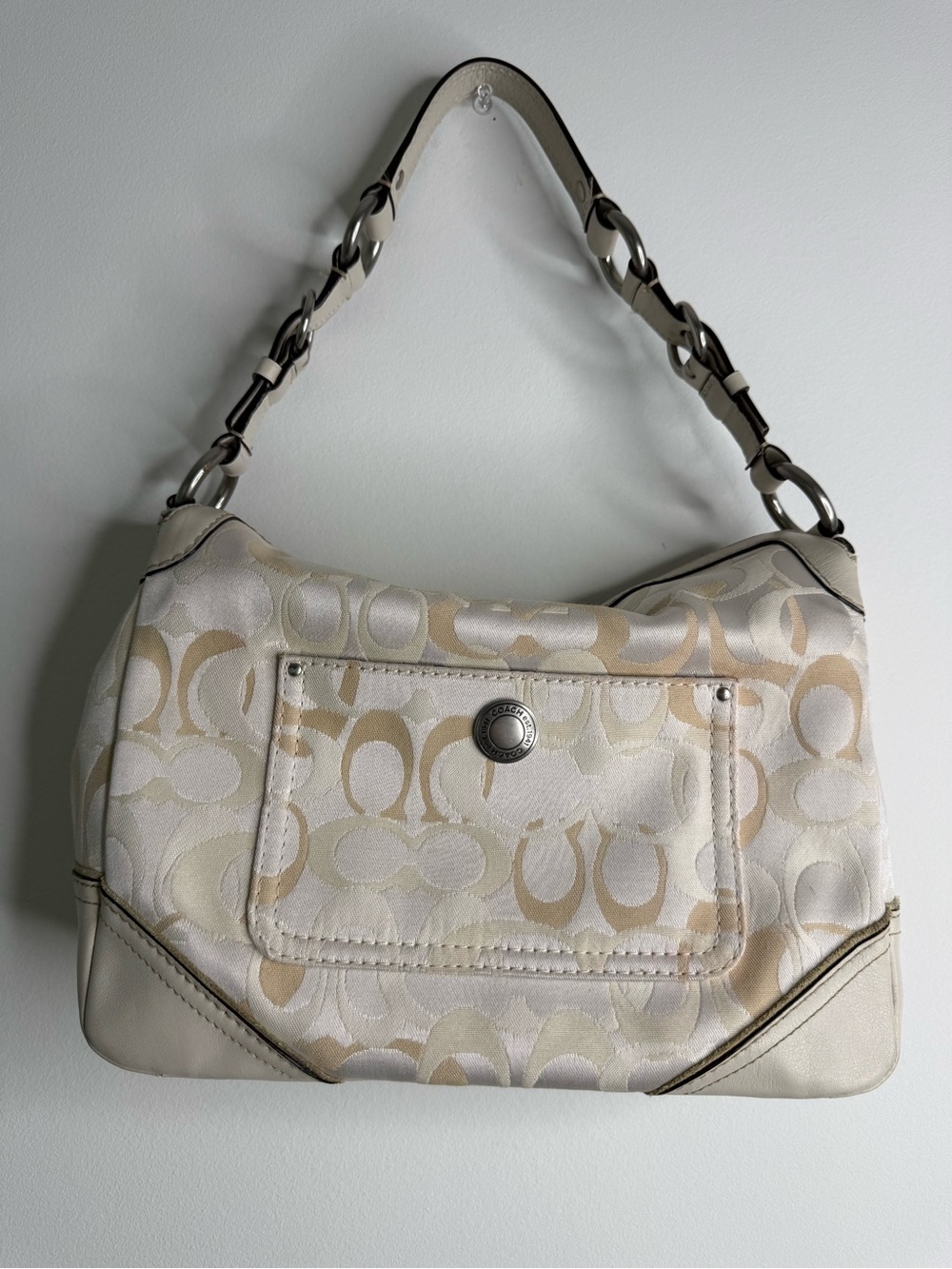 Coach Cream Signature Jacquard Shoulder Bag with Chain-Link Strap
